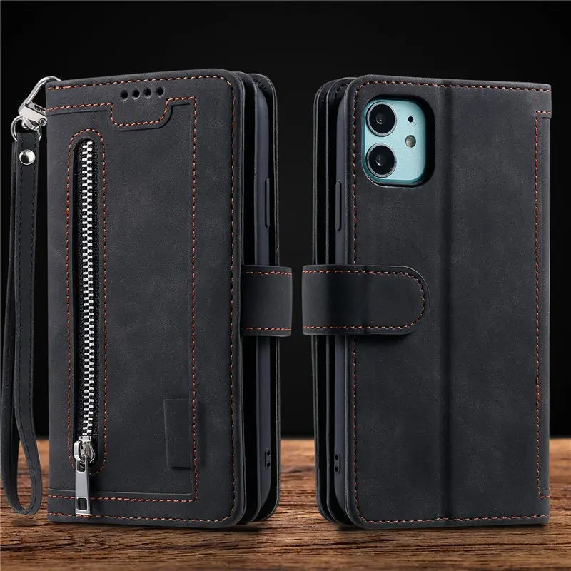 <tc>High-Quality Leather iPhone Case with Zipper, Card Holder, Stand, and Strap | Flip Cover Case for Apple iPhone 16/16e, 15, 14, 13, 12 Pro Max, Pro, Plus & Mini - Versatile Protective Cover</tc>