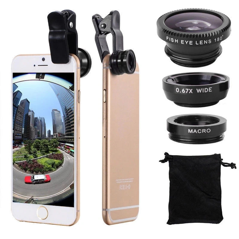 3-in-1 Hochwertiges Fisheye-Telefonobjektiv 0,67X Weitwinkel-Zoom Fish-Makro-Objektiv-Kamera-Kit mit Clip-Objektiv