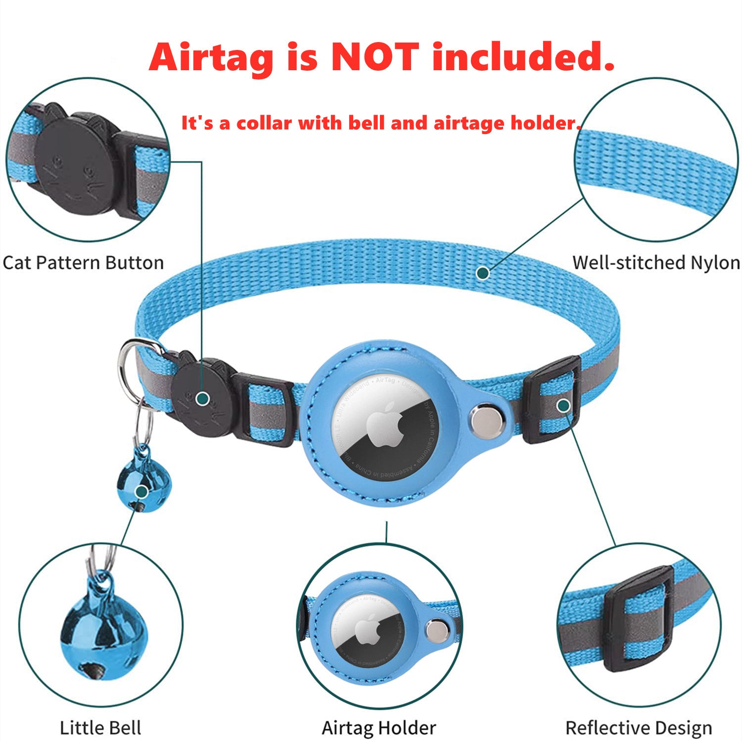 Premium Abnehmbares AirTag Hülle & Case Katzenhalsband: Reflektierendes Cover mit Apple AirTag-Halterung | Glocke