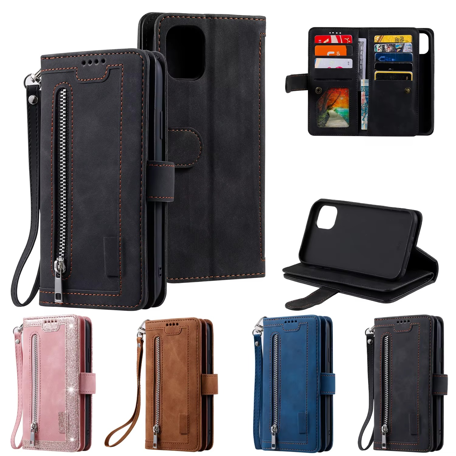 <tc>High-Quality Leather iPhone Case with Zipper, Card Holder, Stand, and Strap | Flip Cover Case for Apple iPhone 16/16e, 15, 14, 13, 12 Pro Max, Pro, Plus & Mini - Versatile Protective Cover</tc>