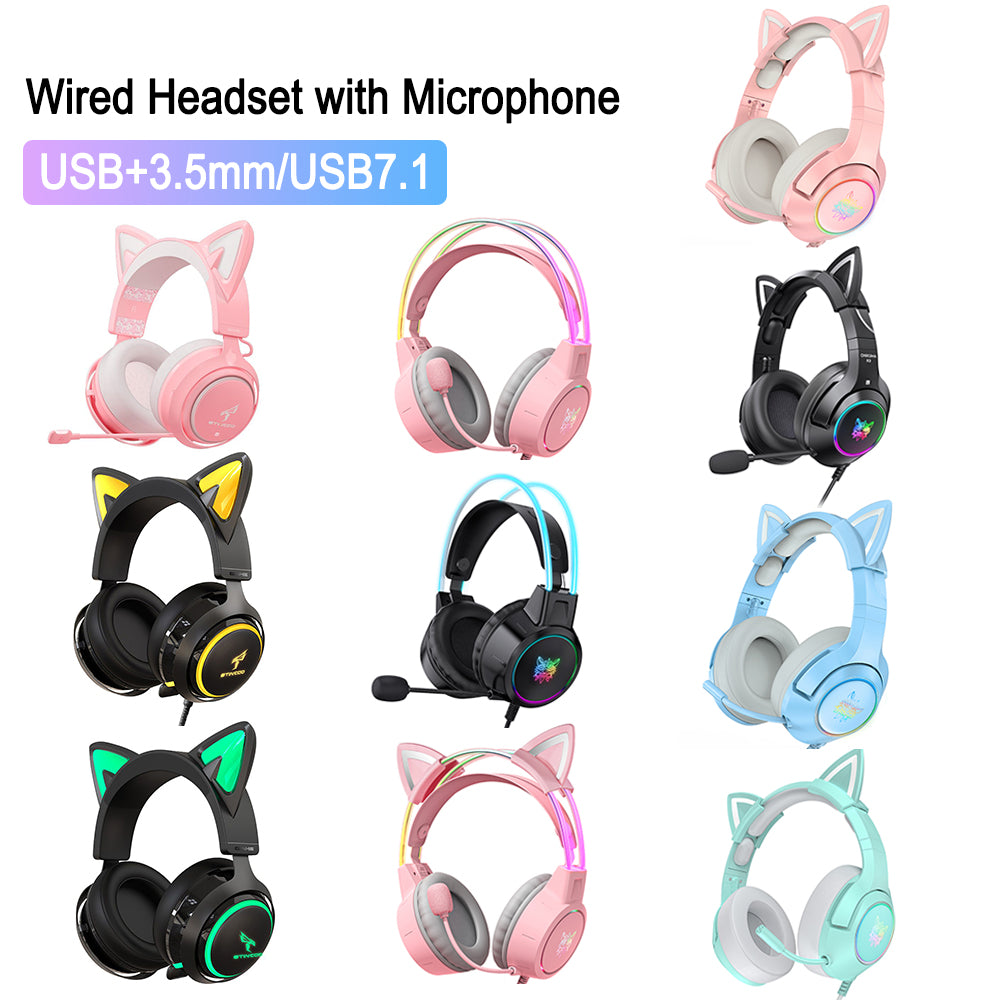 Hochwertiges Onikuma X15 Pro Over-Ear Gaming-Headset mit Kabel | Geräuschunterdrückung, Rosa Katzenohren, RGB-Licht und