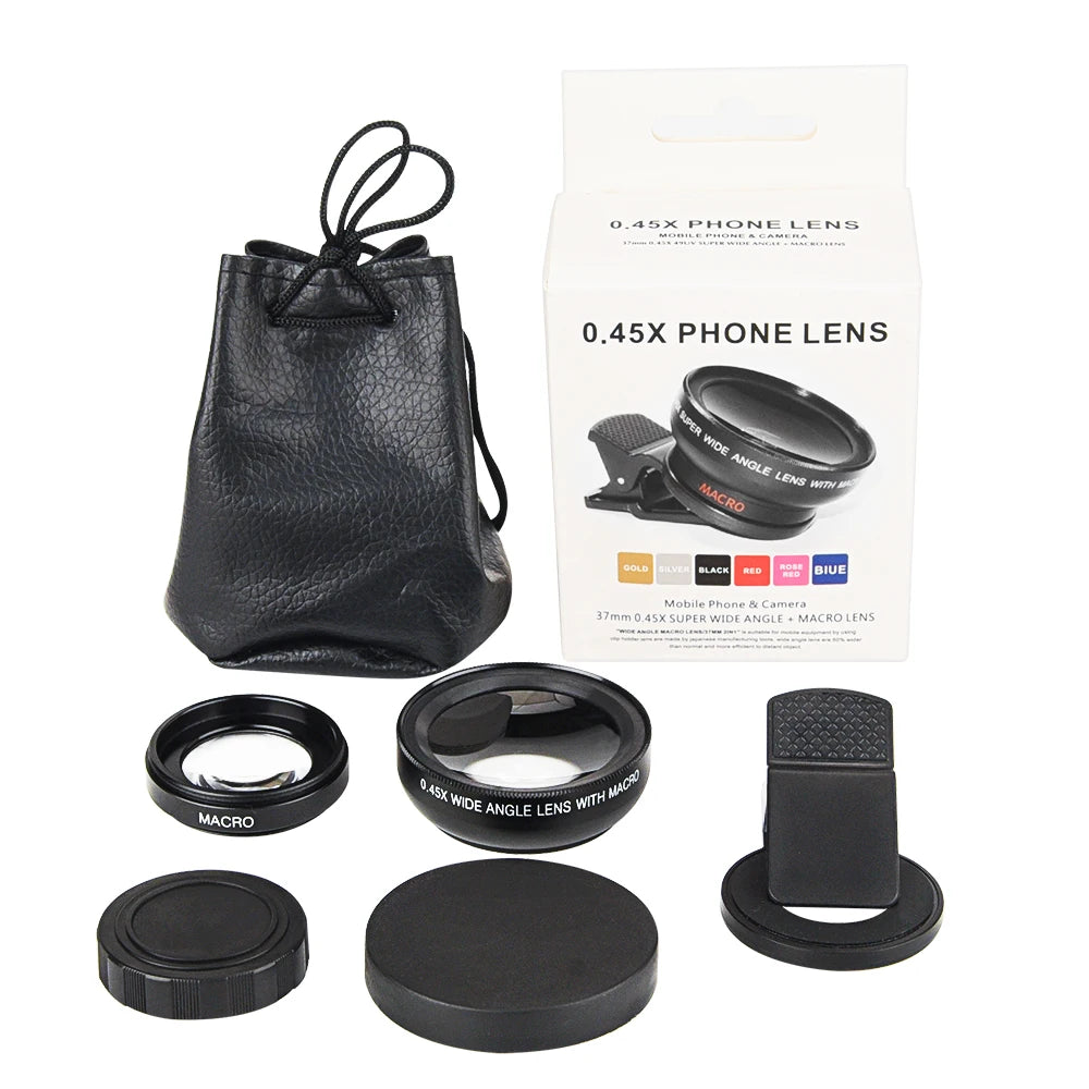 Hochwertiges 2-in-1 Universal-Clip 37mm Handyobjektiv: 0,45x 49UV Super-Weitwinkel + Makro HD, für Smartphones |