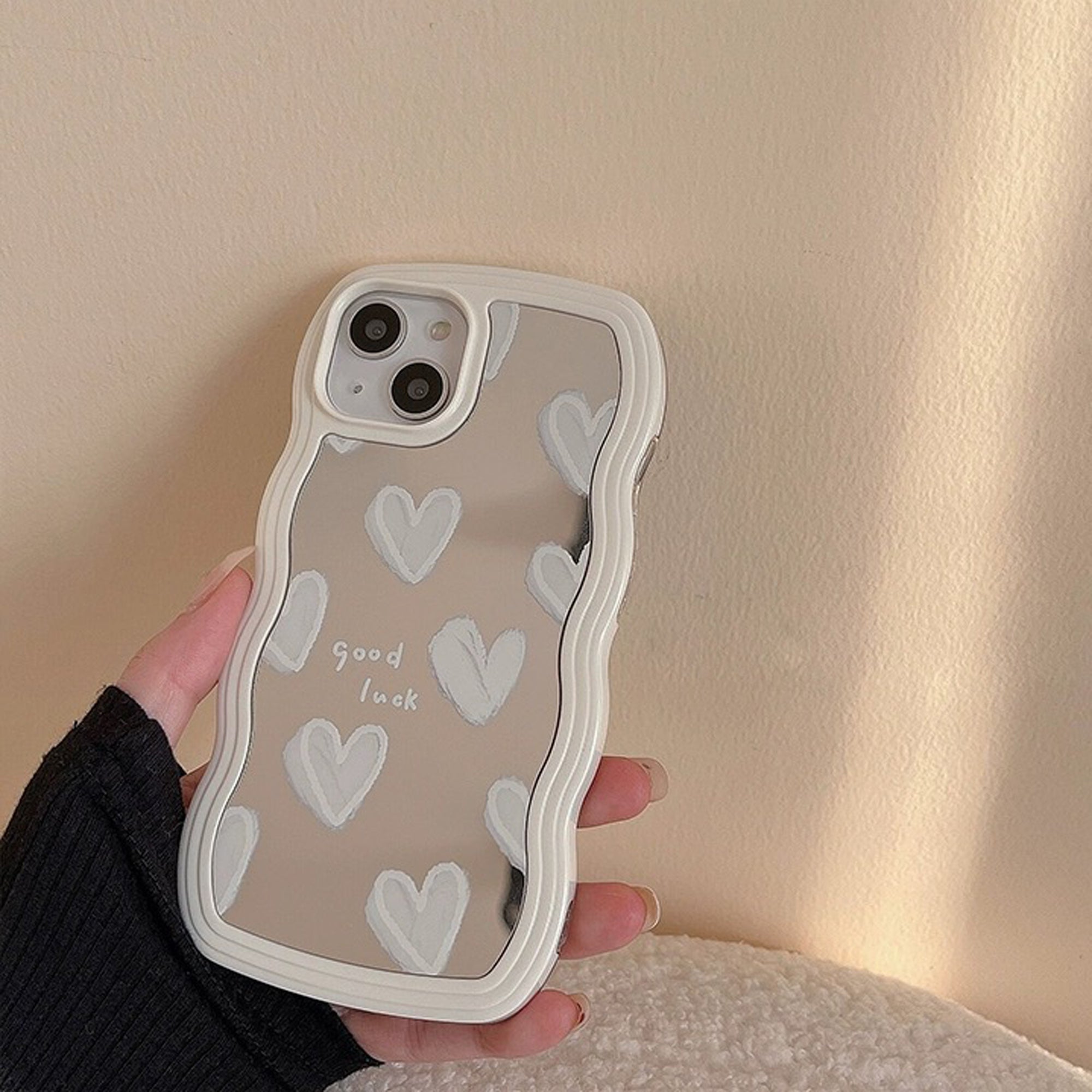 Beautiful White Heart Design Makeup Mirror iPhone Case | MagSafe-Compatible Protective Case with 360-Degree Protection and Camera Lens Cover for Apple iPhone 16/16e, 15, 14, 13, 12 Pro Max, Pro, Plus & Mini Cover | Armor Case and Bumper Cover