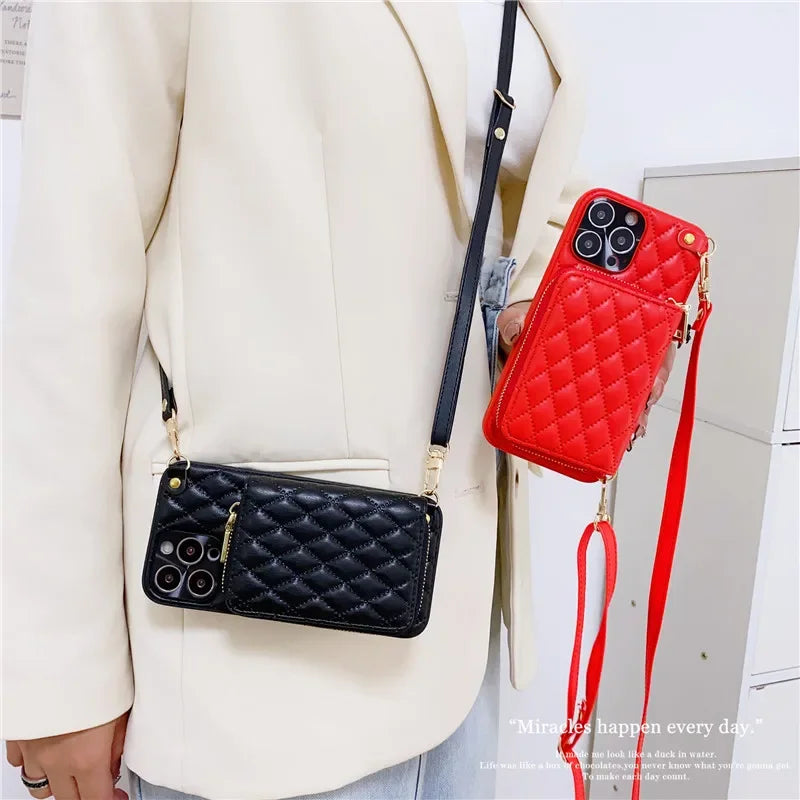 Luxury Leather Wallet with Zipper Crossbody Lanyard iPhone Case | MagSafe Case with Camera Lens Cover for Apple iPhone 16/15/14/13/12 Pro Max, Plus Mini Cover – Crossbody Strap, Shoulder Strap, Card Holder Phone Case | Premium Protective Cover