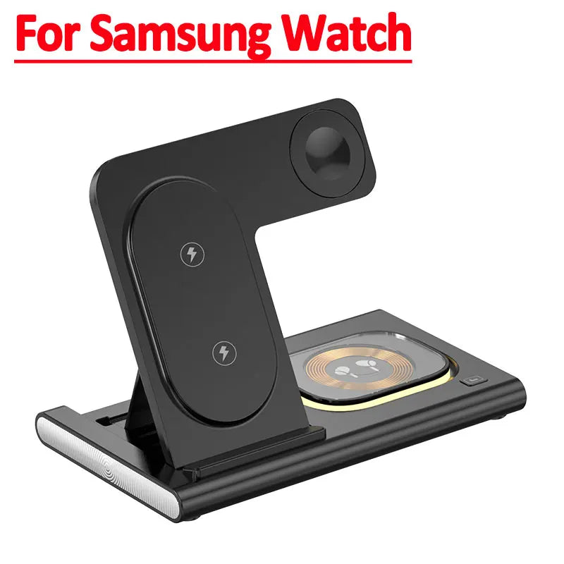 3 in 1 Wireless Fast Charging Station 30W Foldable Charger LED Stand: Charging Device MagSafe Docking Station for Smartphones, Apple iPhone, Samsung, iOS & Android Watch, AirPods