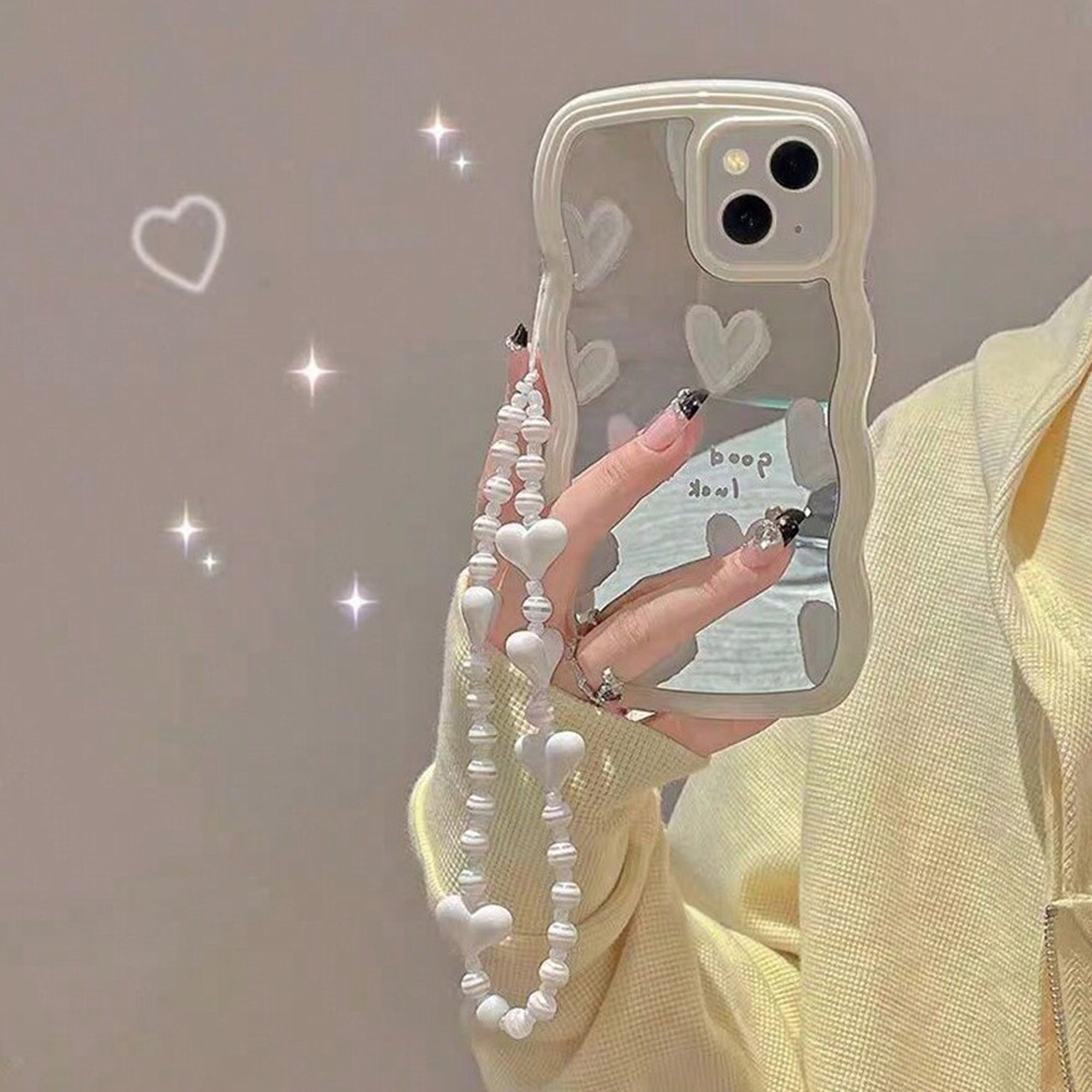 Beautiful White Heart Design Makeup Mirror iPhone Case | MagSafe-Compatible Protective Case with 360-Degree Protection and Camera Lens Cover for Apple iPhone 16/16e, 15, 14, 13, 12 Pro Max, Pro, Plus & Mini Cover | Armor Case and Bumper Cover