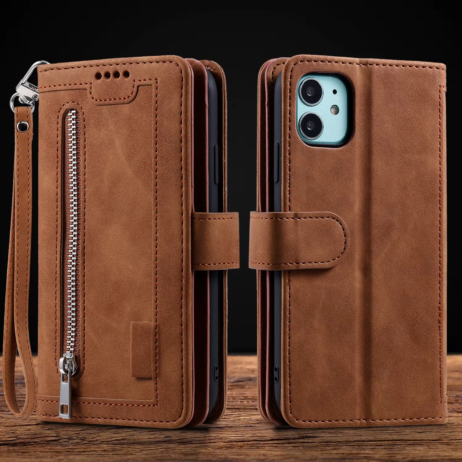 <tc>High-Quality Leather iPhone Case with Zipper, Card Holder, Stand, and Strap | Flip Cover Case for Apple iPhone 16/16e, 15, 14, 13, 12 Pro Max, Pro, Plus & Mini - Versatile Protective Cover</tc>