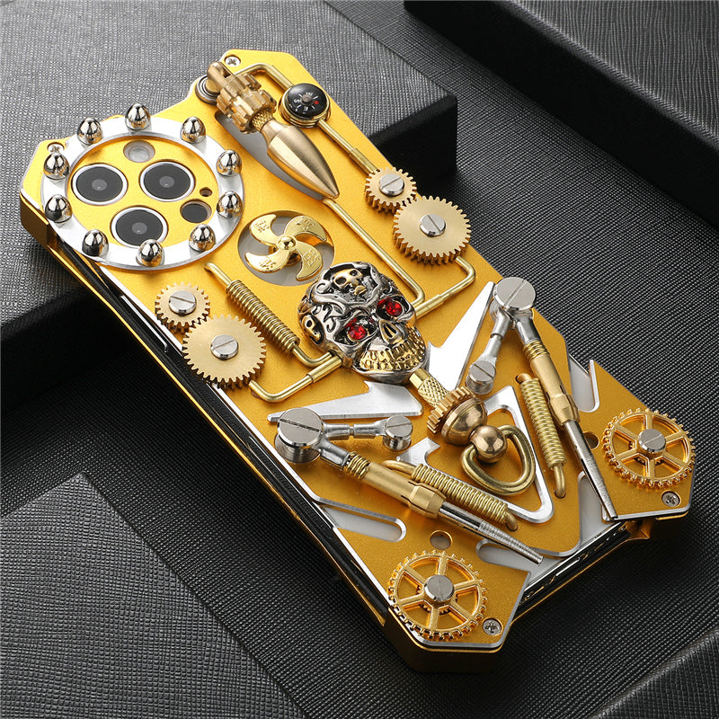 Premium Mechanical Gaming Design: Shockproof Metal iPhone Case with Gear Stand and MagSafe | Aluminum Cooling, Skull Compass Cover for Apple iPhone 16/15/14/13/12 Pro Max, Pro, Plus, e & Mini | 360-Degree All Around Camera Lens Protection