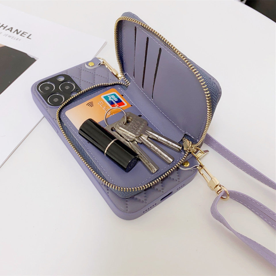 Luxury Leather Wallet with Zipper Crossbody Lanyard iPhone Case | MagSafe Case with Camera Lens Cover for Apple iPhone 16/15/14/13/12 Pro Max, Plus Mini Cover – Crossbody Strap, Shoulder Strap, Card Holder Phone Case | Premium Protective Cover