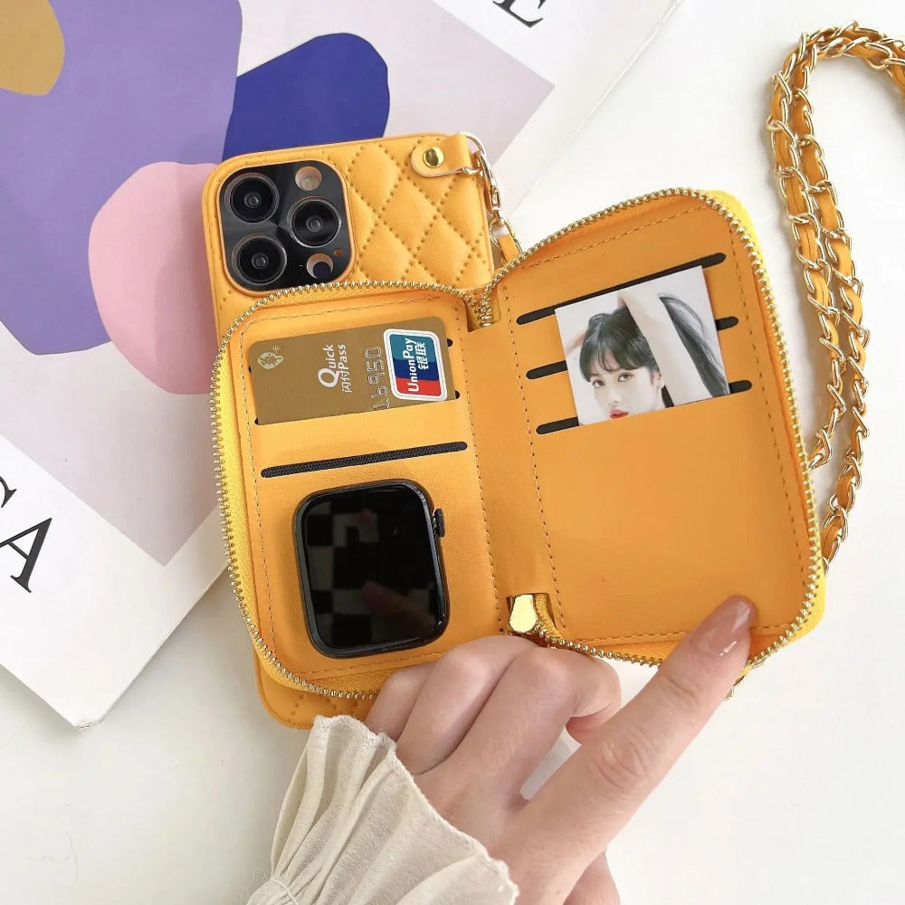 Luxury Leather Wallet with Zipper Crossbody Lanyard iPhone Case | MagSafe Case with Camera Lens Cover for Apple iPhone 16/15/14/13/12 Pro Max, Plus Mini Cover – Crossbody Strap, Shoulder Strap, Card Holder Phone Case | Premium Protective Cover