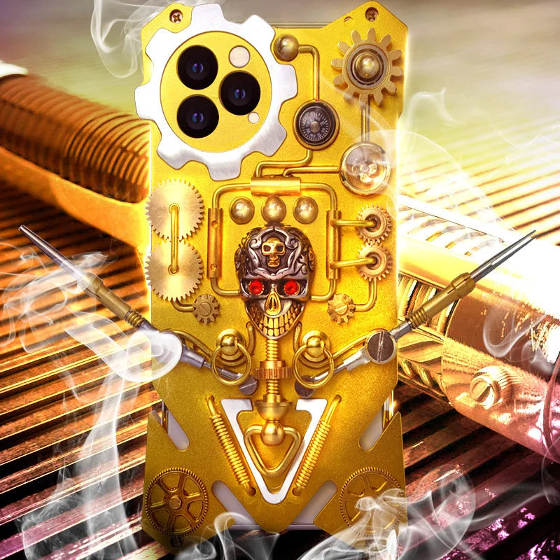 Premium Mechanical Gaming Design: Shockproof Metal iPhone Case with Gear Stand and MagSafe | Aluminum Cooling, Skull Compass Cover for Apple iPhone 16/15/14/13/12 Pro Max, Pro, Plus, e & Mini | 360-Degree All Around Camera Lens Protection