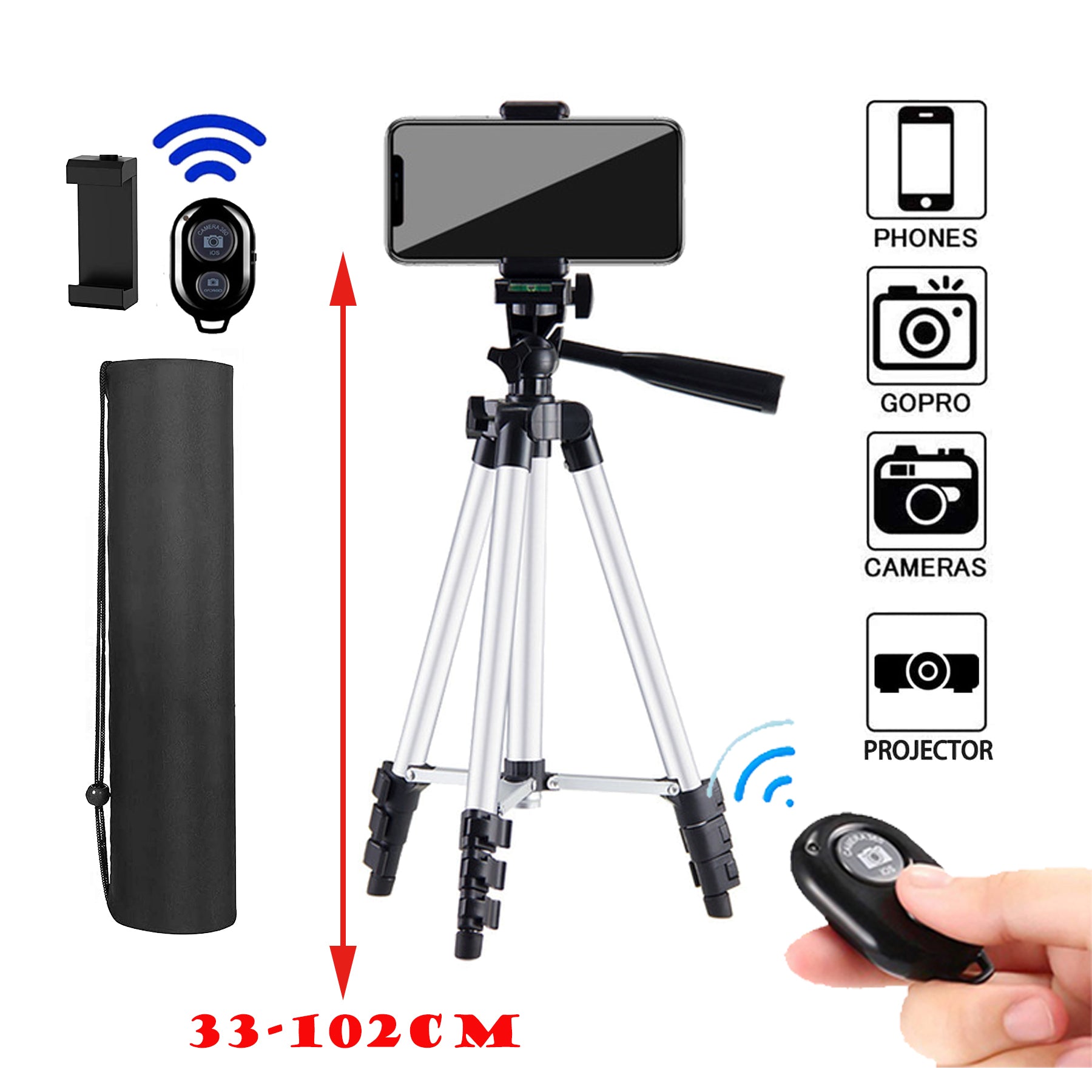 NA-3120 Telefon Stativ 40 Zoll für Gopro iPhone Samsung Xiaomi Huawei - Hochwertiges Aluminium Reise Tripode Par