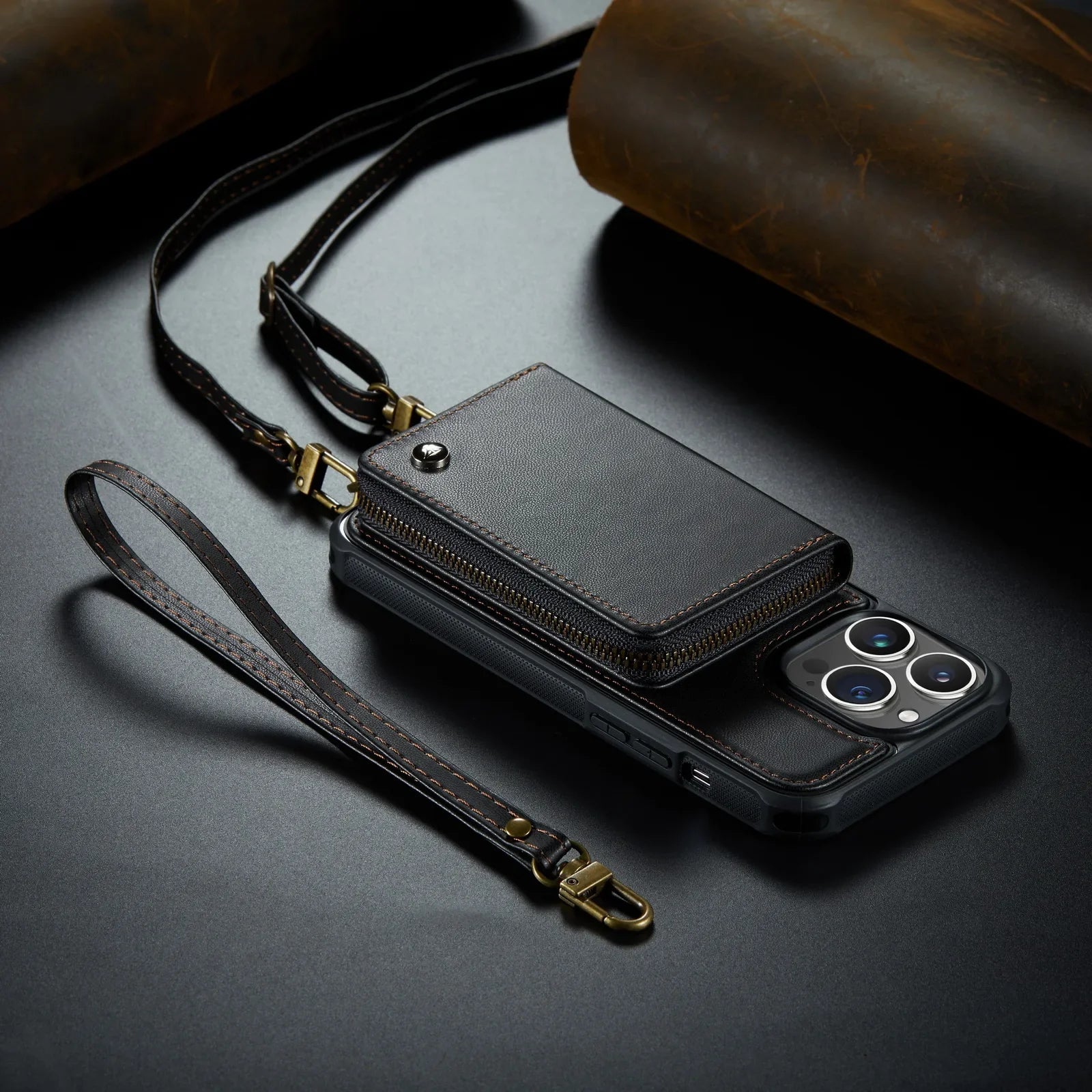 Luxury Leather Wallet Crossbody iPhone Case – Premium MagSafe phone chain & wallet case with card slot, stand function & strap, 360° shockproof protection, slim leather cover, keeps everything organized – perfect for outdoors & workdays