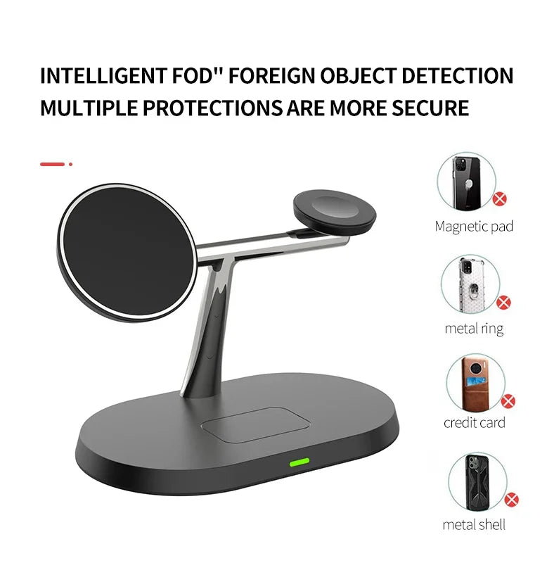 3 in 1 Wireless Fast Magnetic MagSafe Charging Station | Wireless Charging Station Fast Docking Charger for Smartphones, Apple iPhone, Samsung, iOS & Android, Watch & AirPods