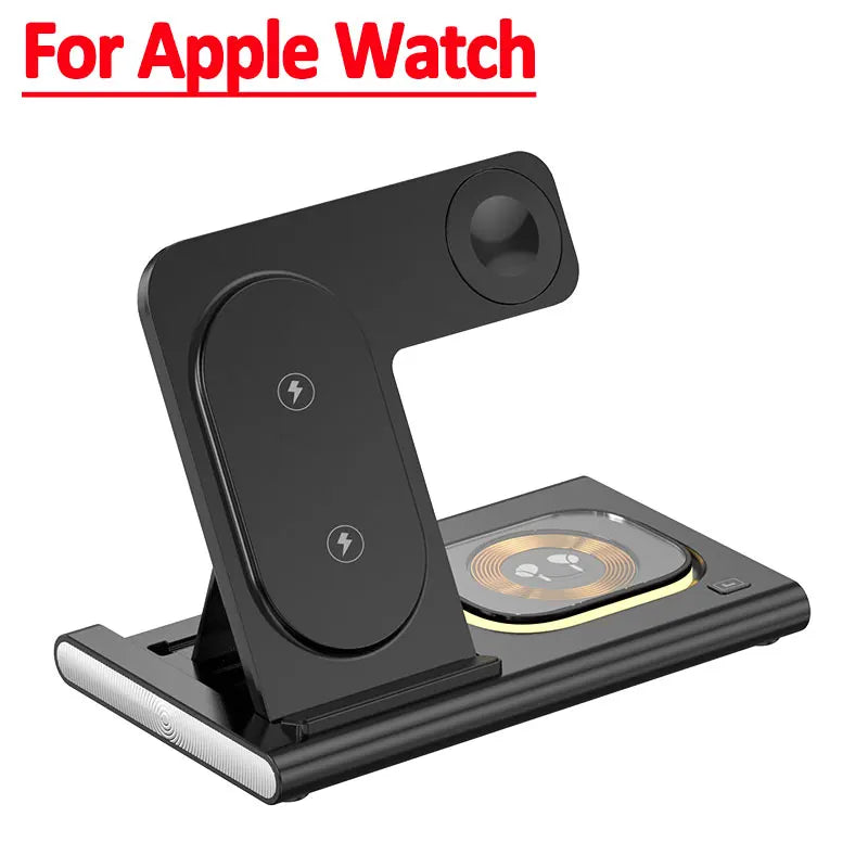 3 in 1 Wireless Fast Charging Station 30W Foldable Charger LED Stand: Charging Device MagSafe Docking Station for Smartphones, Apple iPhone, Samsung, iOS & Android Watch, AirPods